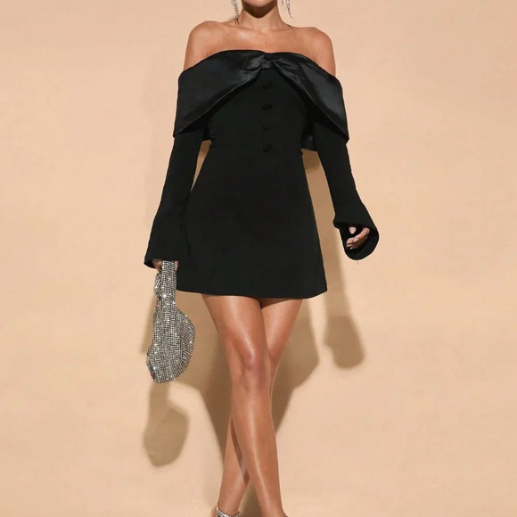 Black Elegant Women's Off-Shoulder Long Sleeve Bow-Tie Decor Cocktail Dress - Picture 1 of 5